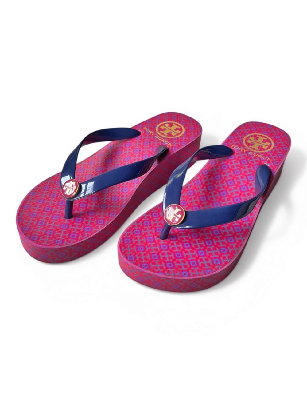 Tory Burch Thandie Wedge Flip Flop in Pink/Navy Blue Lattice Print, sz 6 - Picture 9 of 12